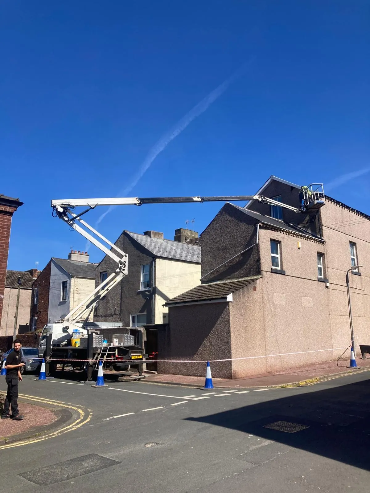 High level gutter cleaning Cumbria — WP Roofing cherry picker access